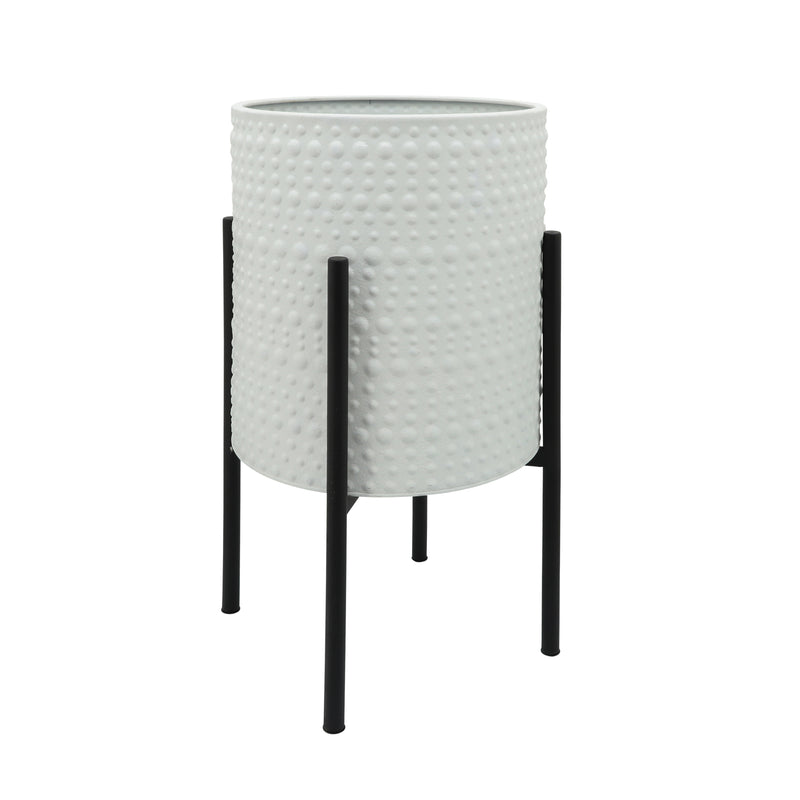 S/2 DOTTED PLANTERS IN METAL STAND, WHITE