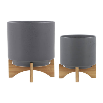 S/2 8/10 PLANTER W/ WOOD STAND, MATTE GRAY