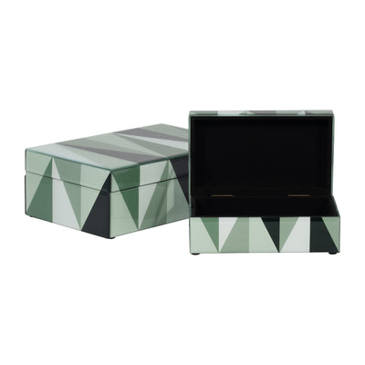 GLASS, S/2 8/11 TRIANGLES BOXES, GREEN/WHITE