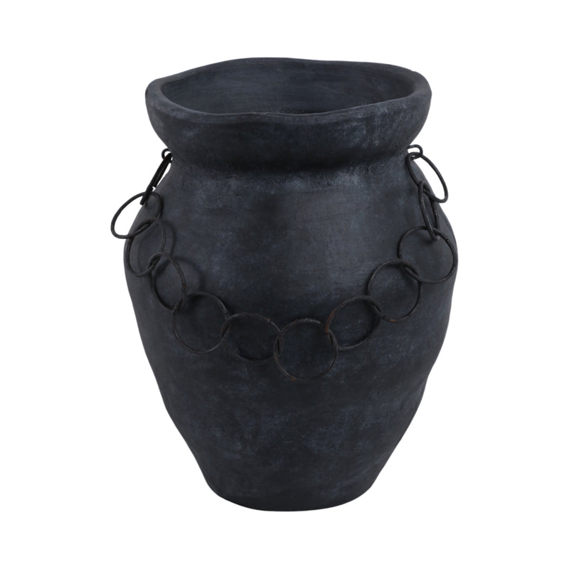 12x10 Rustic Terracotta Vase With Chain, Black