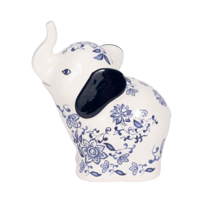 6 Trunk Up Chinoiserie Elephant, Blue/white