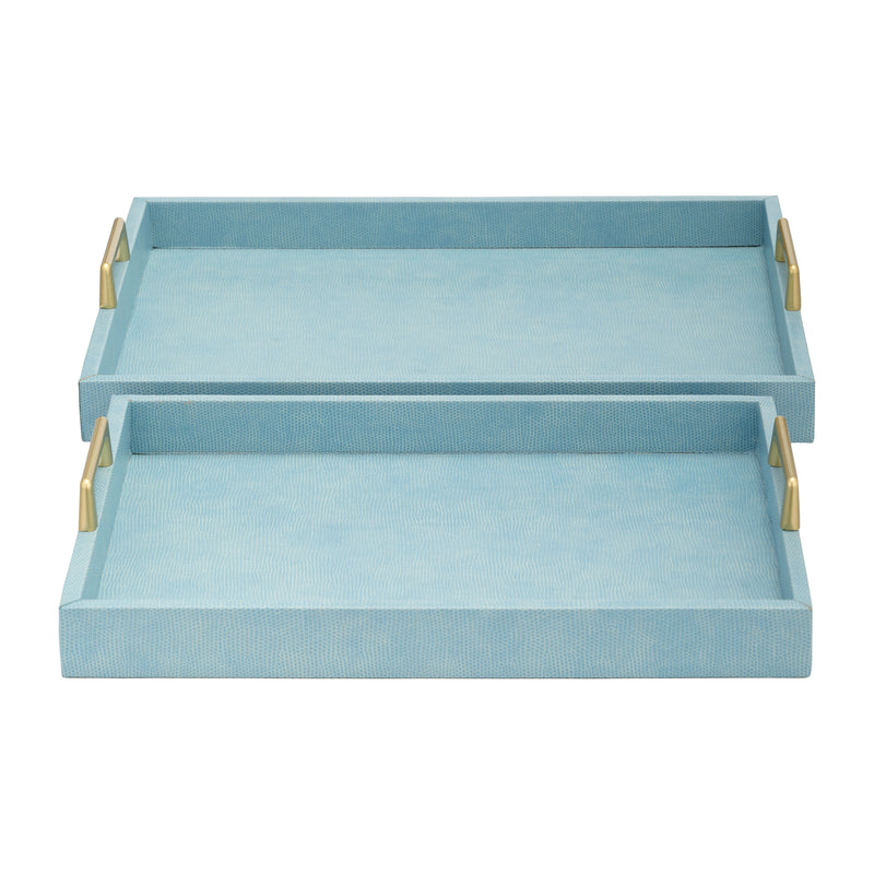 S/2 16/18L FAUX SNAKESKIN TRAYS, AQUA