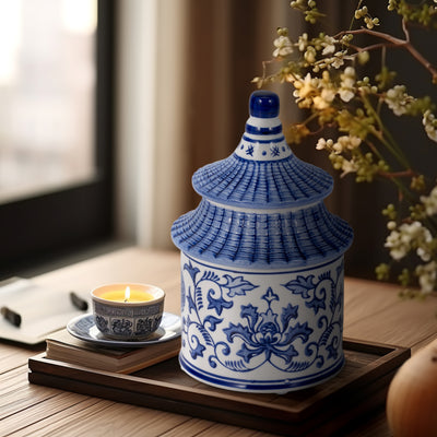 8 9oz Plumeria Chinoiserie Pagoda Candle,blu/wht