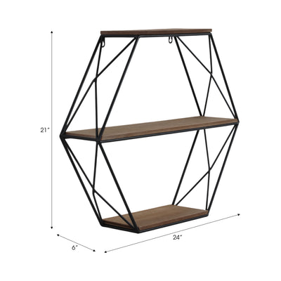 METAL/WOOD 3 TIER HEXAGON WALL SHELF, BROWN/BLACK