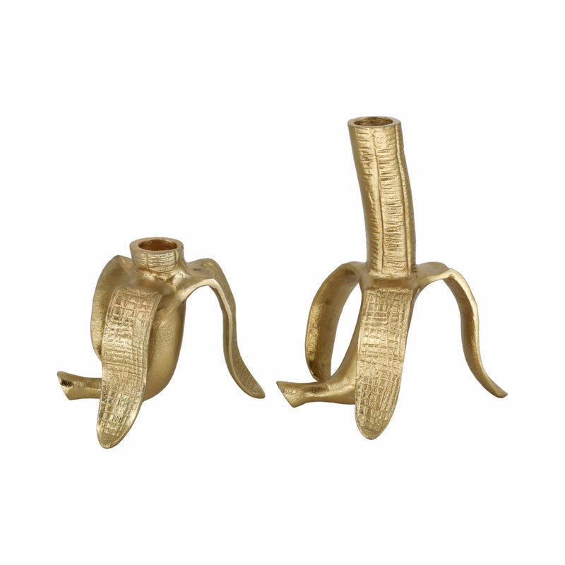 Metal, S/2 6 Banana Taper Candle Holders, Gold