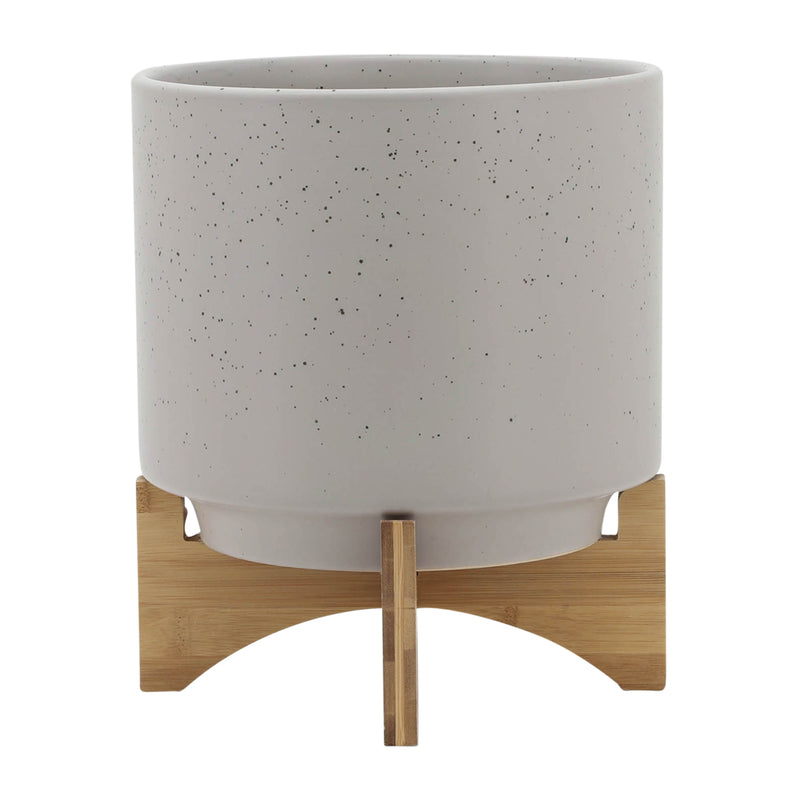 10 PLANTER W/ WOOD STAND, MATTE BEIGE