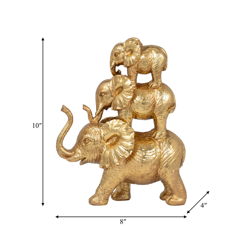 RESIN, 10 STACKED RAISED TRUNK ELEPHANTS, GOLD