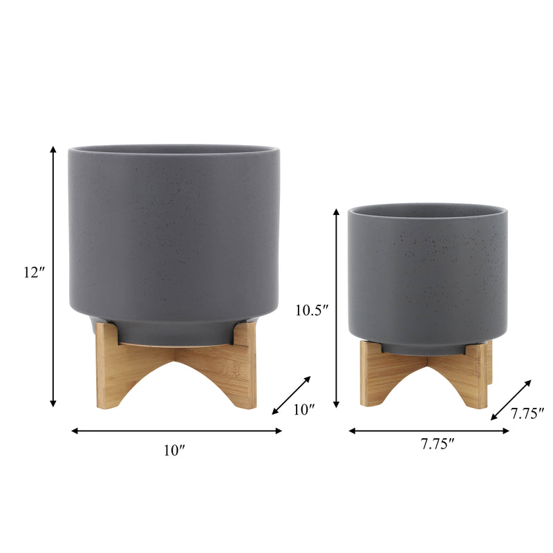 S/2 8/10 PLANTER W/ WOOD STAND, MATTE GRAY