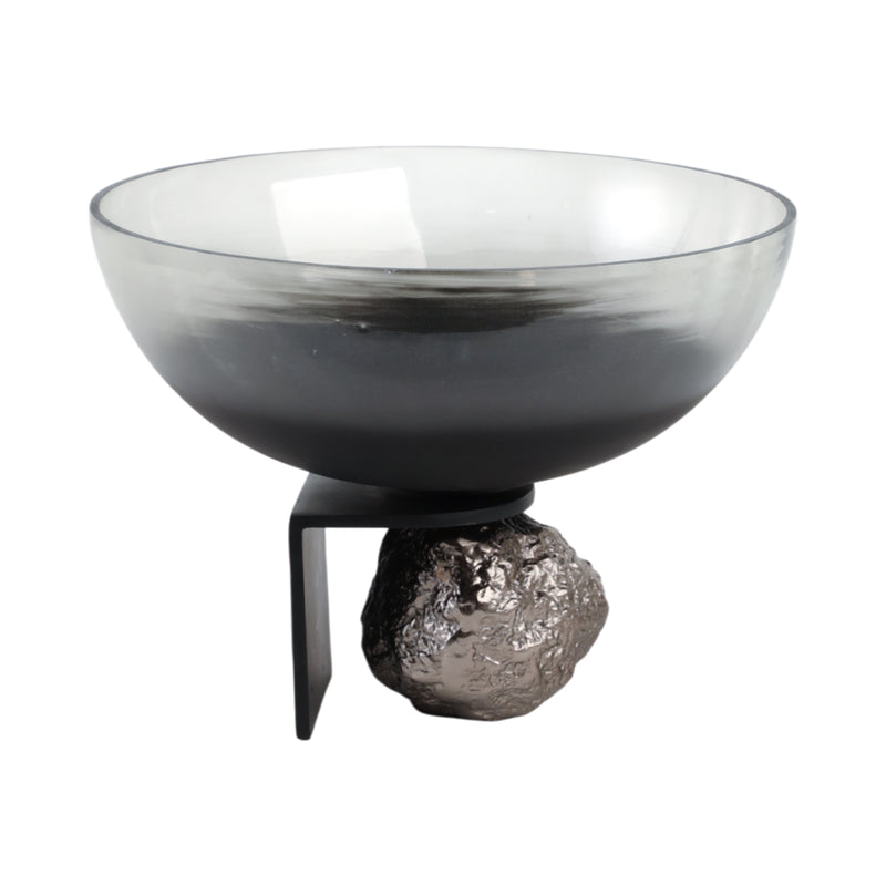 14x11 Glass Bowl On Rock Pedestal, Black/silver