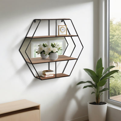 METAL 24 HEXAGON WALL SHELF W/ MIRROR, BROWN