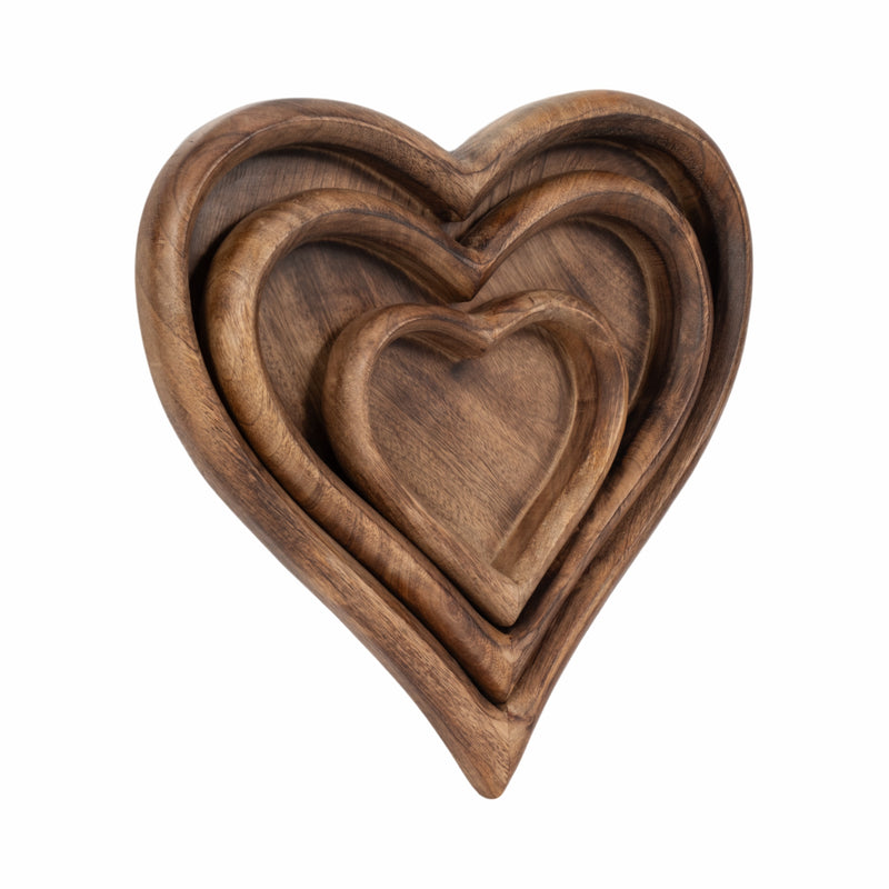 WOOD, S/3 7/11/14 HEART TRAYS, DARK BROWN