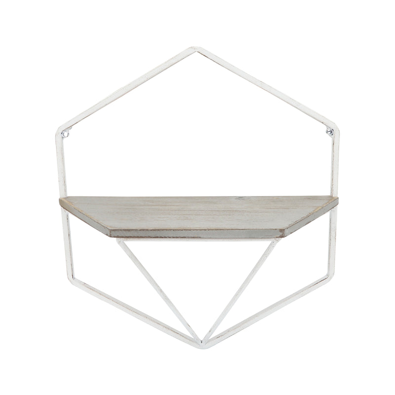 S/2 METAL / WOOD HEXAGON WALL SHELVES, WHT/GRAY