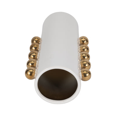 Cer, 16 Vase W/ Side Knobs, White/gold