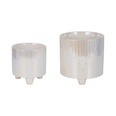 S/2 6/8 Iridescent Line Footed Planters, Ivory