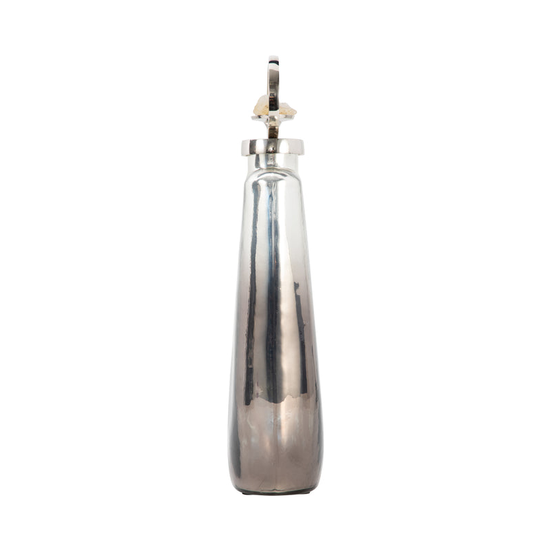 GLASS, 16 METALLIC BOTTLE W/ STONE TOP, SILVER