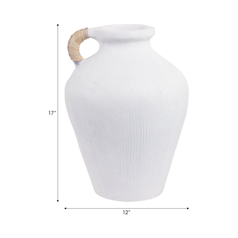 17 Textured Terracota Vase W/rattan Handle, Wht