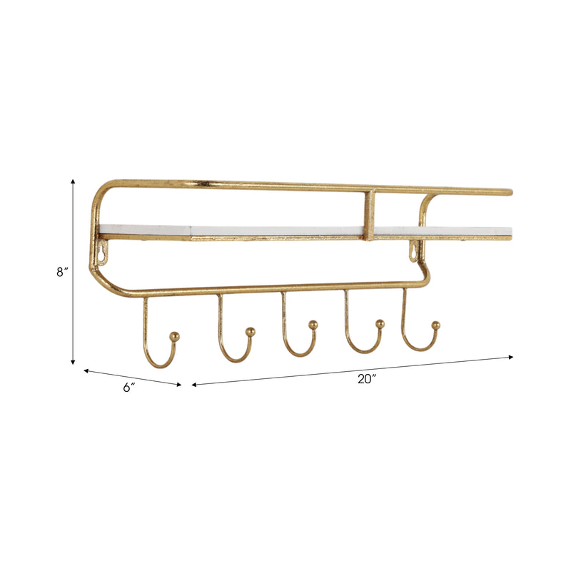 METAL/WOOD 20 5  HOOK WALL SHELF, WHITE/GOLD