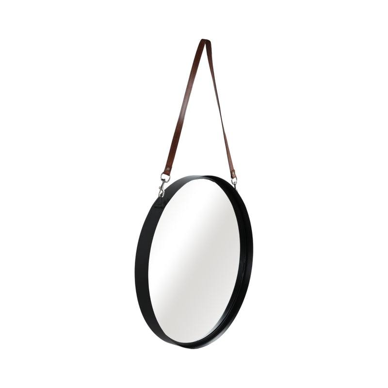 28 ROUND MIRROR W/ LEATHER STRAP, BLACK