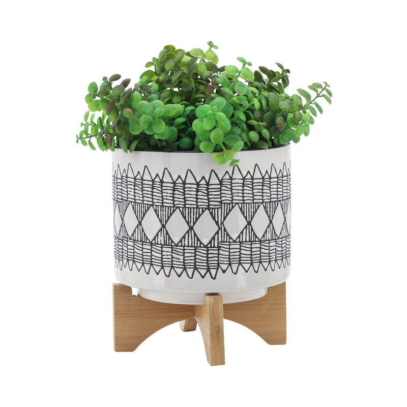 CER, S/2 5/8 AZTEC PLANTER ON WOODEN STAND, GRAY