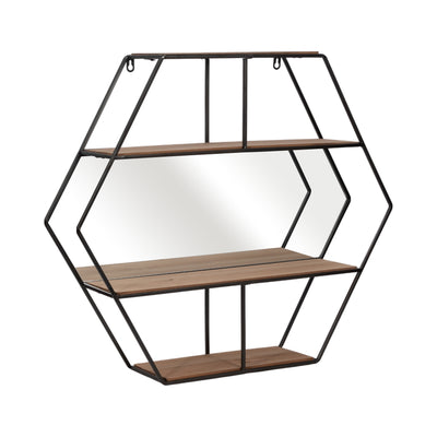 METAL 24 HEXAGON WALL SHELF W/ MIRROR, BROWN