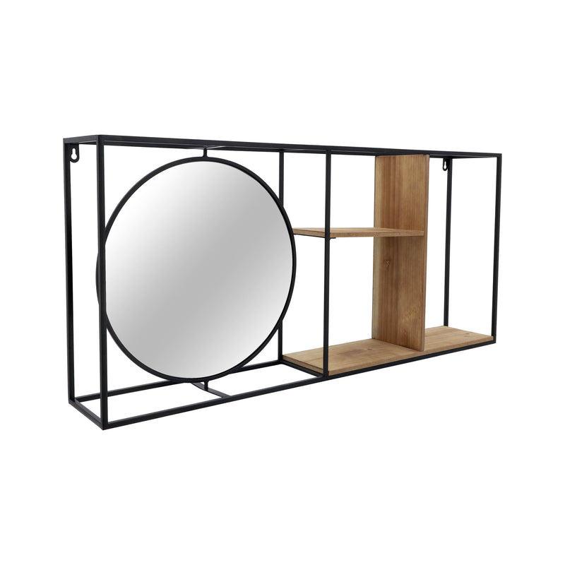 METAL/WOOD 34L WALL SHELF WITH MIRROR, BLACK/BROW