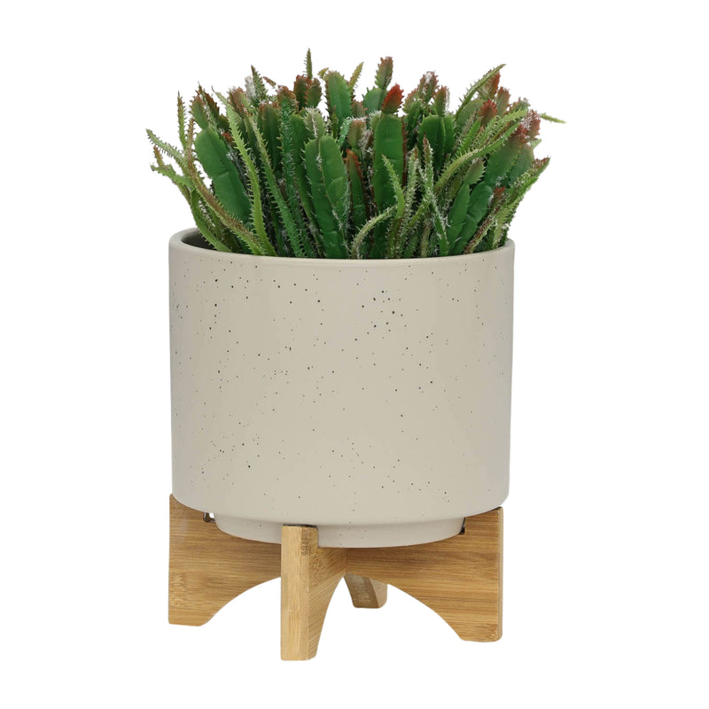 S/2 5/8 PLANTER W/ WOOD STAND, MATTE BEIGE