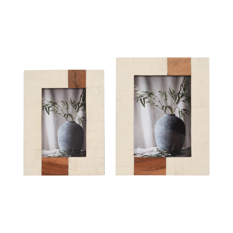 RESIN, 4X6 WOOD STRIPE PHOTO FRAME, IVORY/BROWN