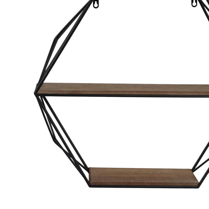 METAL/WOOD 3 TIER HEXAGON WALL SHELF, BROWN/BLACK