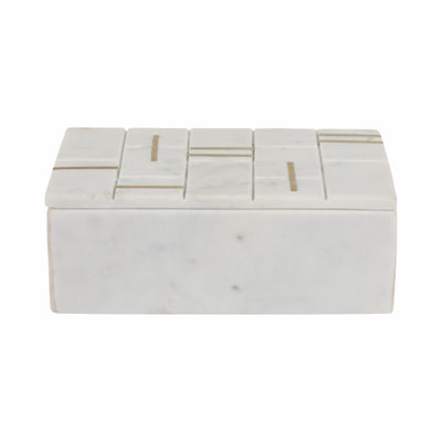 8 White Marble Box With Brass Inlay, White/gold