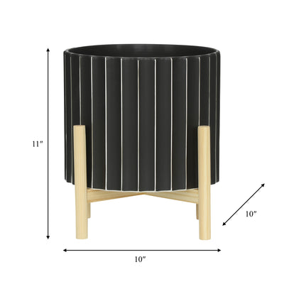 12 CERAMIC FLUTED PLANTER W/ WOOD STAND, BLACK