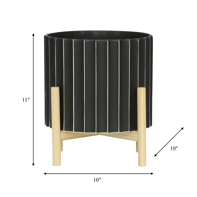 12 CERAMIC FLUTED PLANTER W/ WOOD STAND, BLACK