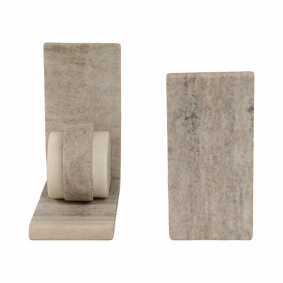 S/2 6 Eared Onyx & White Marble Bookends, Beige