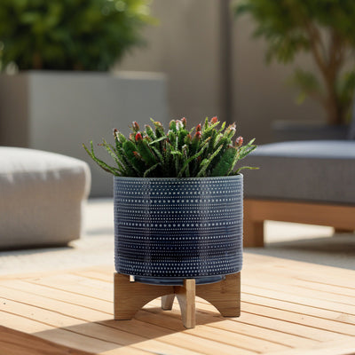 8 DOTTED PLANTER W/ WOOD STAND, BLUE