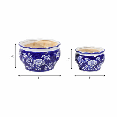 Cer, S/2 6/8 Round Chinoisere Planters, Blue/wht