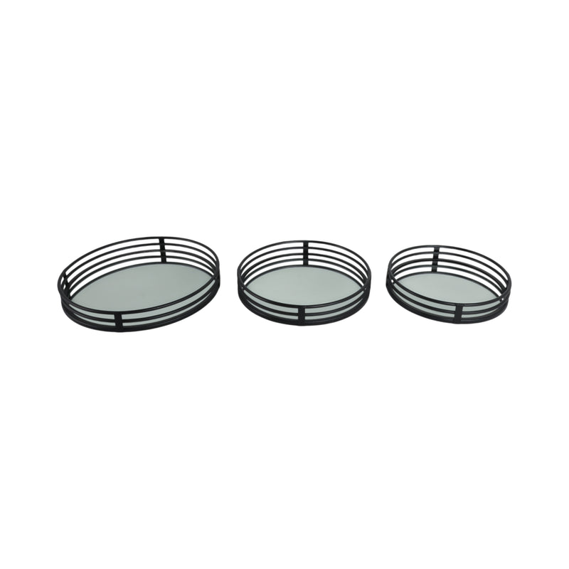 METAL, S/3 14/16/18 ROUND MIRRORED TRAYS, BLACK