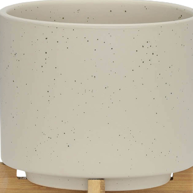 S/2 5/8 PLANTER W/ WOOD STAND, MATTE BEIGE