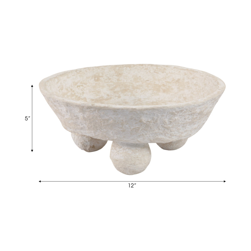 12x12 Paper Mache Knobby Footed Bowl, White