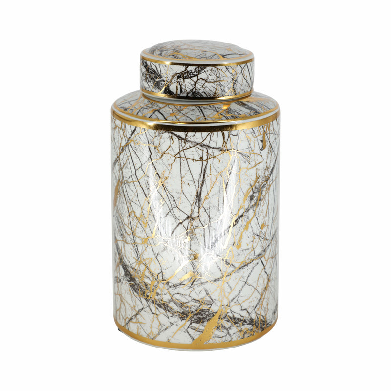 CERAMIC 12 JAR WITH GOLD LID, WHITE