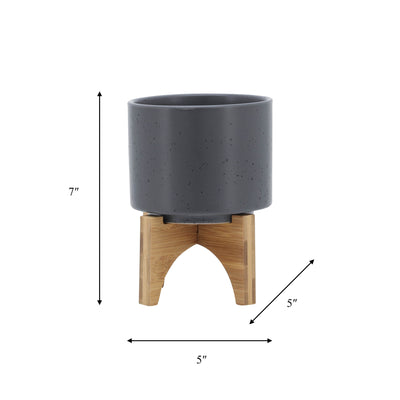 5 PLANTER W/ WOOD STAND, MATTE GRAY