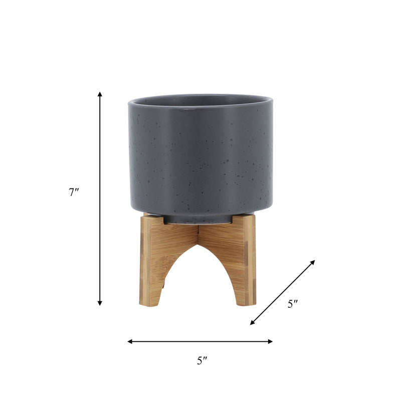 5 PLANTER W/ WOOD STAND, MATTE GRAY