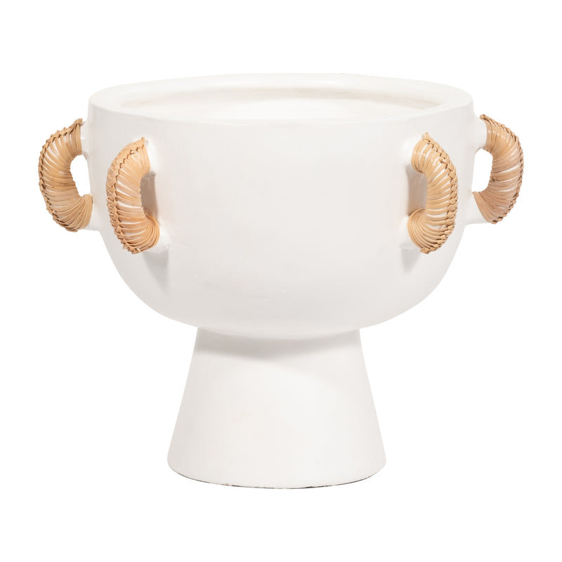 TERRACOTTA, 11H EARED BOWL ON STAND VASE, WHITE