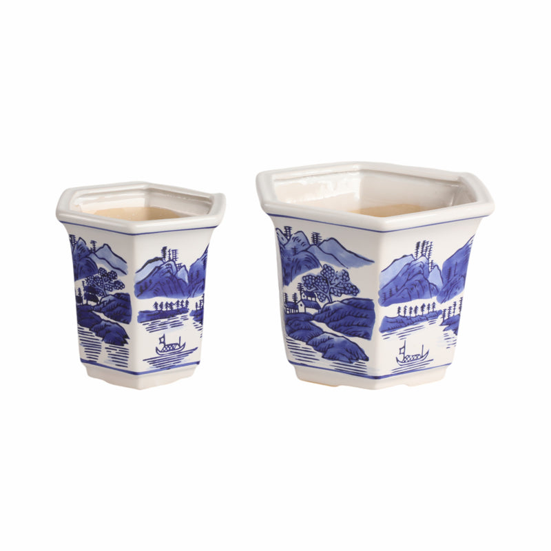 Cer, S/2 6/8 Chinoiserie Planters, Blue/white