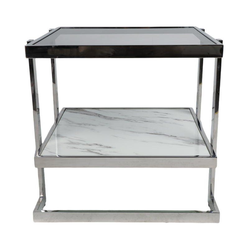 METAL/MARBLE GLASS, SIDE TABLE, SILVER/WHITE