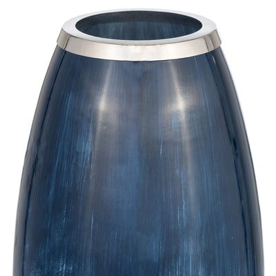 GLASS,18H VASE W/METAL RIM, BLUE/WHT OMBRE