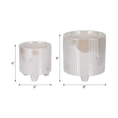 S/2 6/8 Iridescent Bravais Footed Planters, Ivory