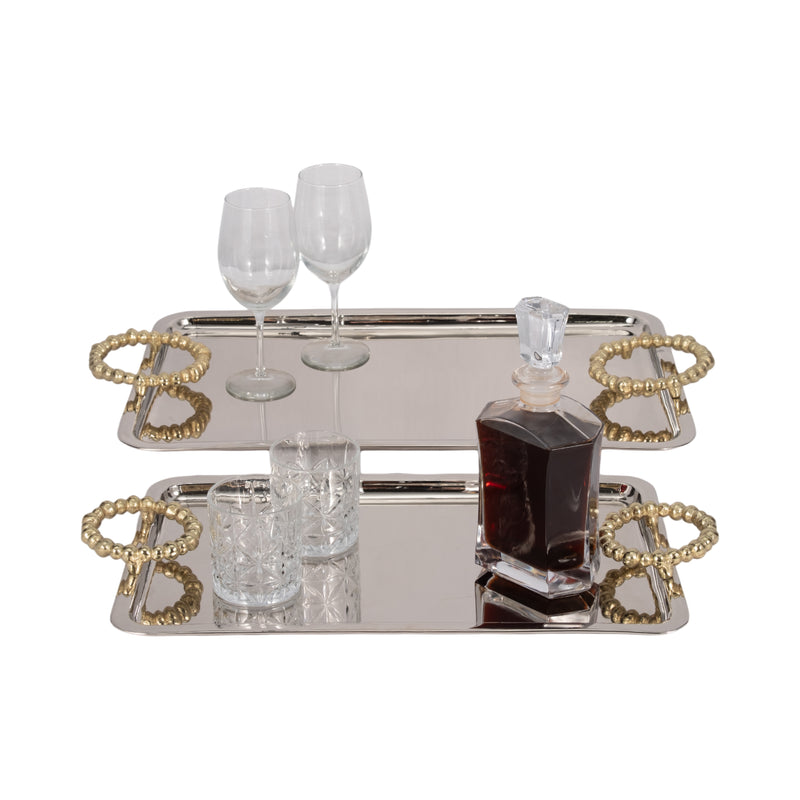 Metal, S/2 23/28 Trays With Beaded Handles,silver