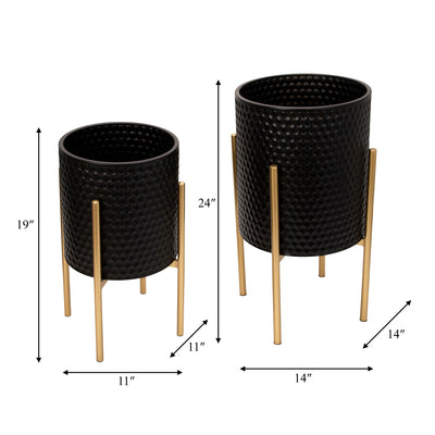 S/2 HONEYCOMB PLANTER ON METALSTAND, BLACK/GLD