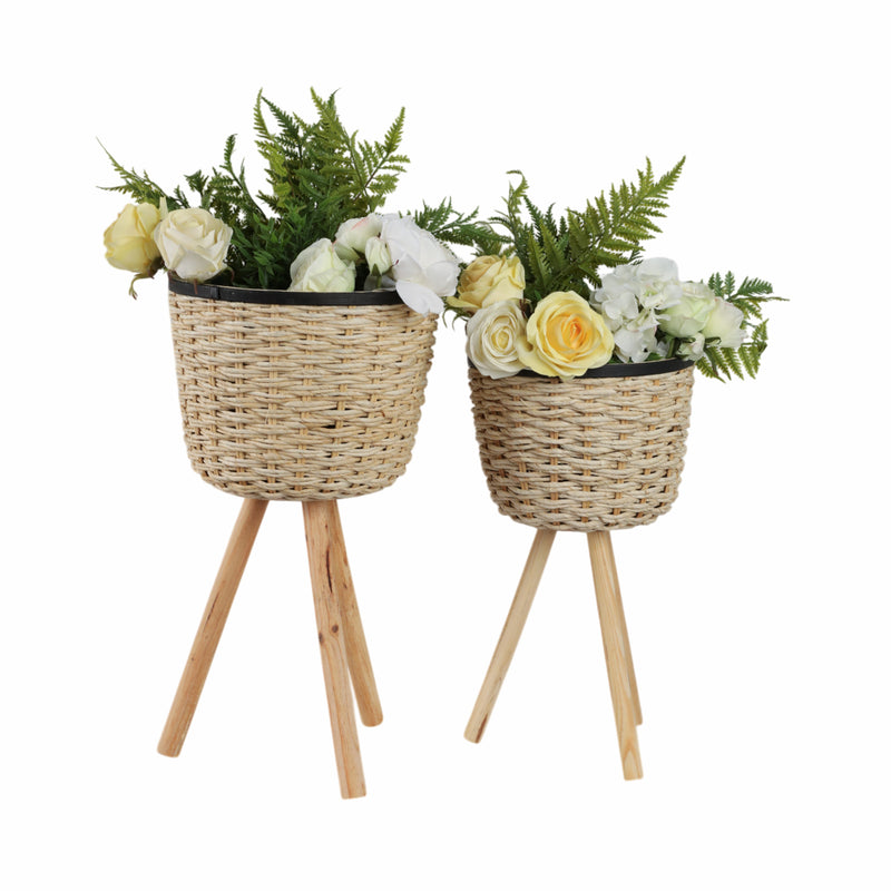 S/2 WICKER FOOTED PLANTERS, WHITE