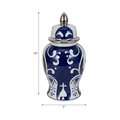 EC CER,14 WHITE/BLUE TEMPLE JAR, SILVER