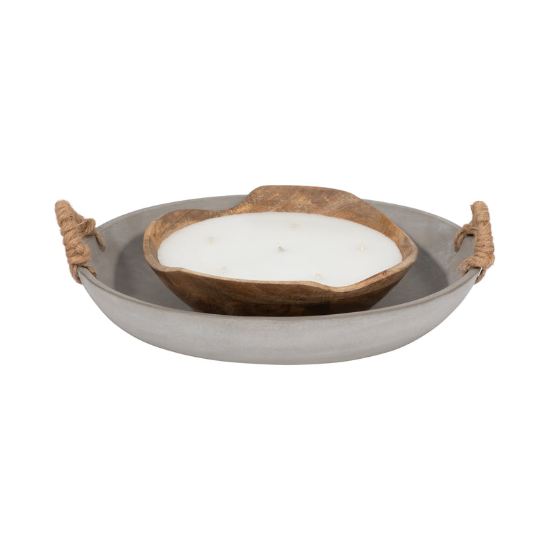 12 Cement Bowl W/ Woven Handles, Grey